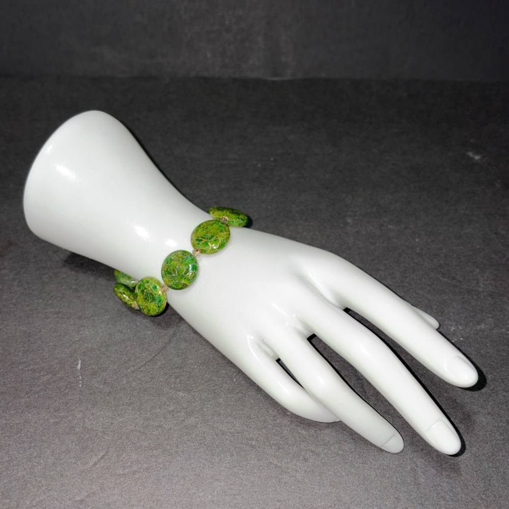Green Gold Hand Painted Floral Bead Bracelet Copper Filigree Toggle Clasp Boho